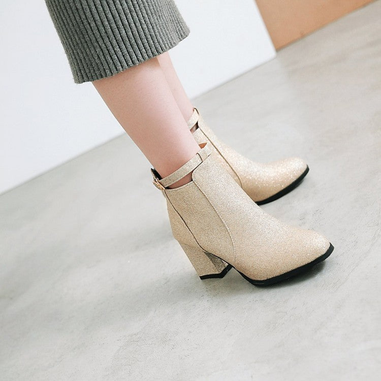 Women Round Toe Stitching Patchwork Block Heel Short Boots