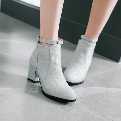 Women Round Toe Stitching Patchwork Block Heel Short Boots