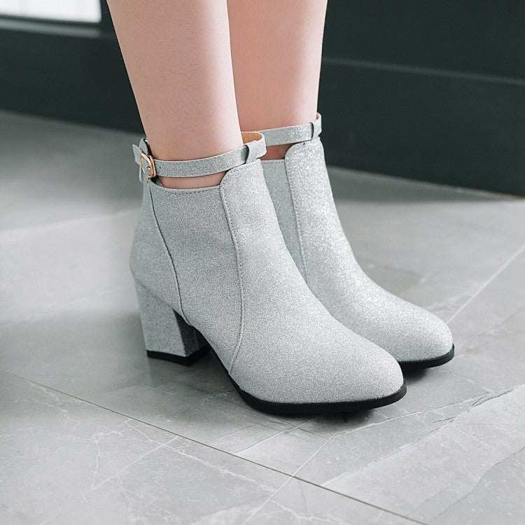 Women Round Toe Stitching Patchwork Block Heel Short Boots