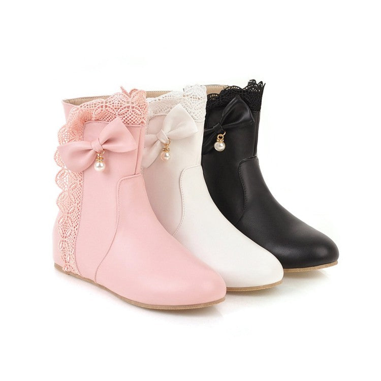 Women Bowtie Wedges Heel Short Boots