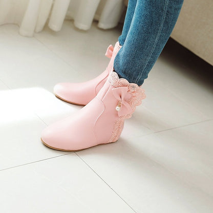 Women Bowtie Wedges Heel Short Boots