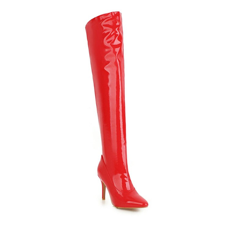 Women Patent Leather Pointed Toe Stitching Over the Knee Stiletto Heel High Boots