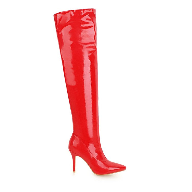Women Patent Leather Pointed Toe Stitching Over the Knee Stiletto Heel High Boots