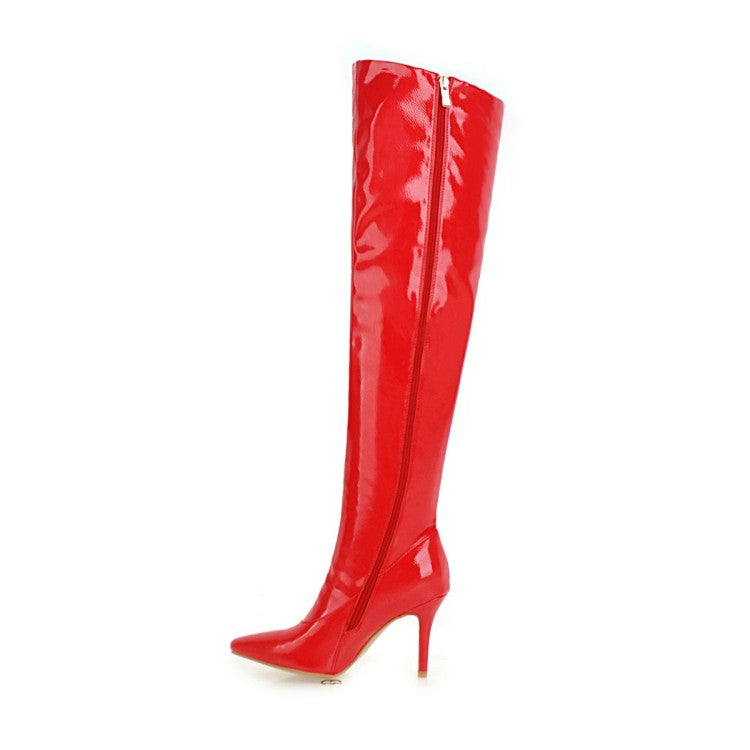 Women Patent Leather Pointed Toe Stitching Over the Knee Stiletto Heel High Boots