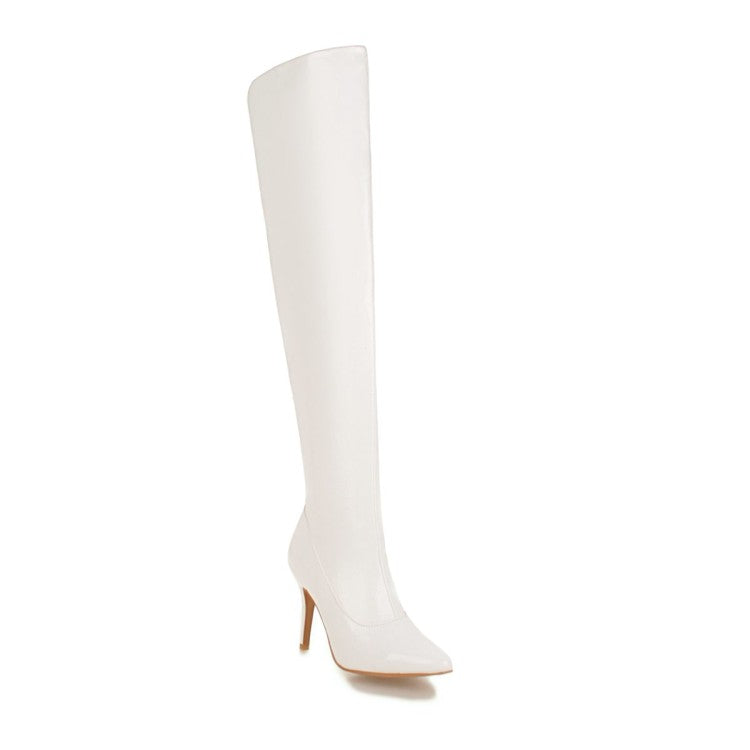 Women Patent Leather Pointed Toe Stitching Over the Knee Stiletto Heel High Boots