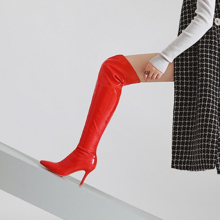 Women Patent Leather Pointed Toe Stitching Over the Knee Stiletto Heel High Boots