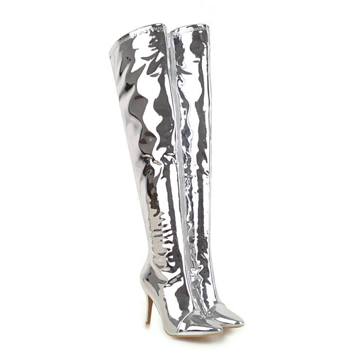 Women Patent Leather Pointed Toe Stiletto Heel Over the Knee Boots