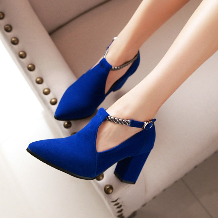 Women Metal Deco T Strap Block High Heels