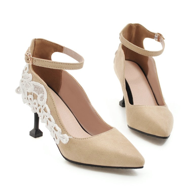 Women Pointed Toe Lace High Heels Stiletto Pumps