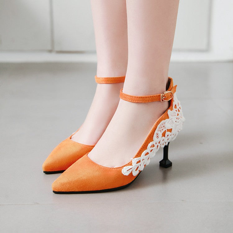 Women Pointed Toe Lace High Heels Stiletto Pumps