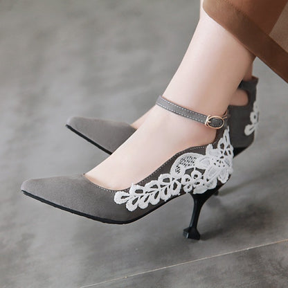 Women Pointed Toe Lace High Heels Stiletto Pumps