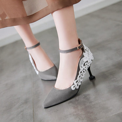 Women Pointed Toe Lace High Heels Stiletto Pumps