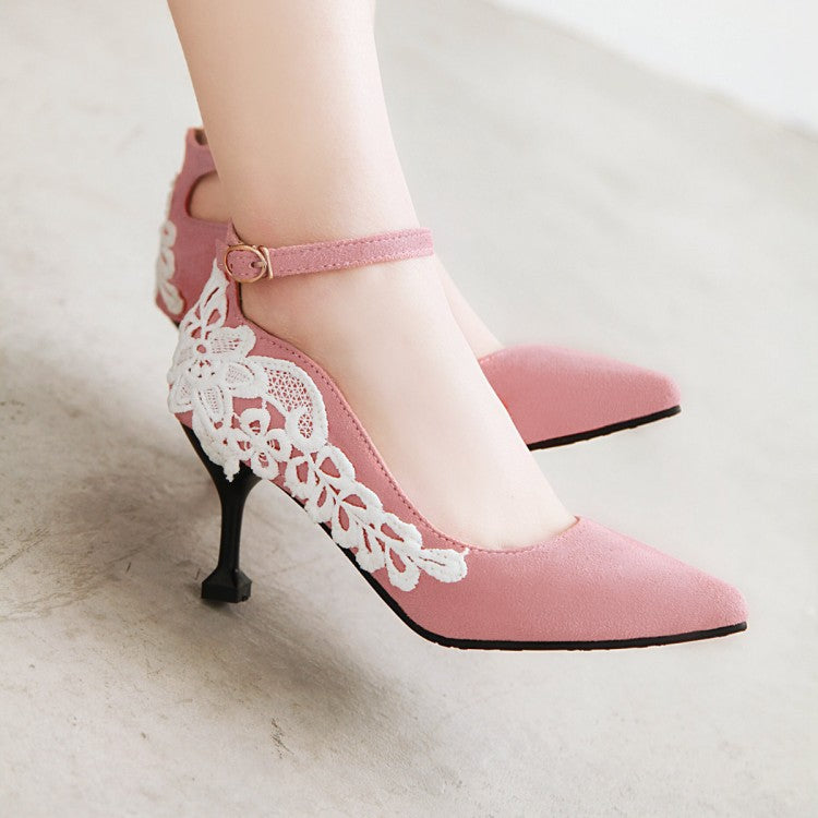 Women Pointed Toe Lace High Heels Stiletto Pumps