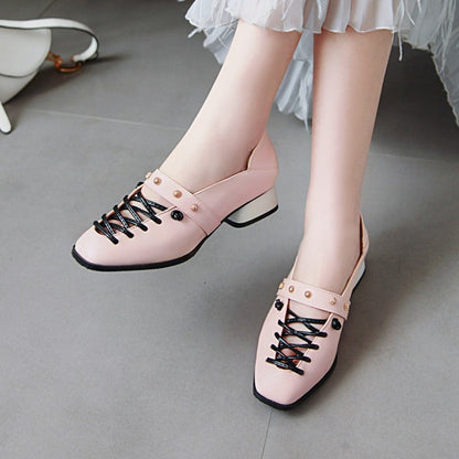 Women Square Toe Strap Metal Deco Block Heels Pumps