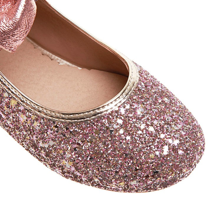 Women Sequined Bowtie Flats Mary Jane Shoes