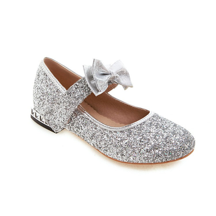 Women Sequined Bowtie Flats Mary Jane Shoes