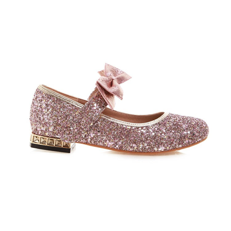 Women Sequined Bowtie Flats Mary Jane Shoes