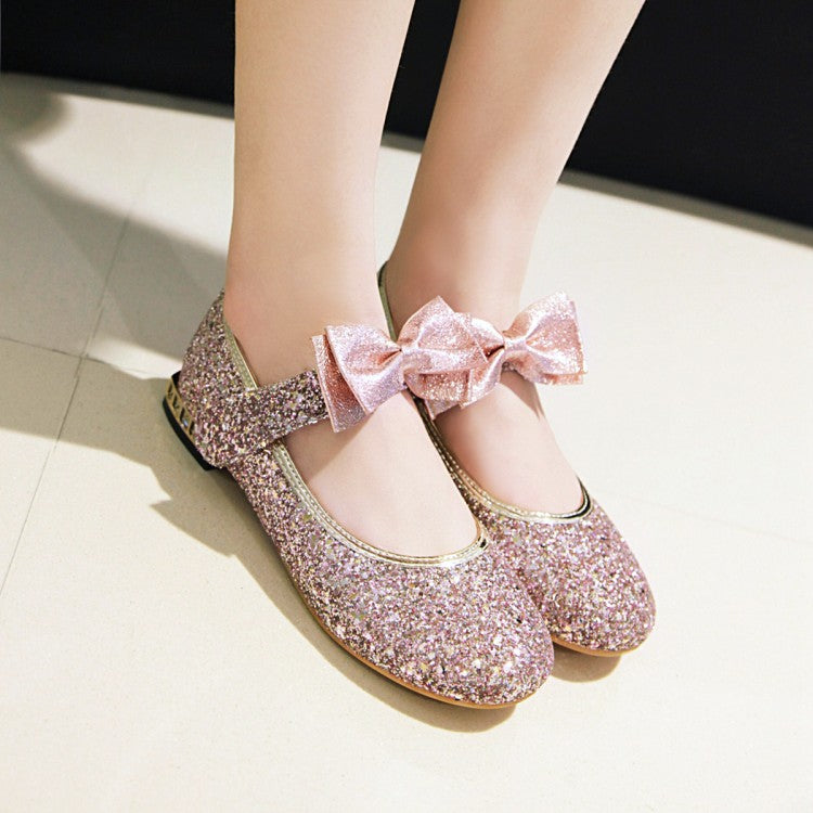 Women Sequined Bowtie Flats Mary Jane Shoes