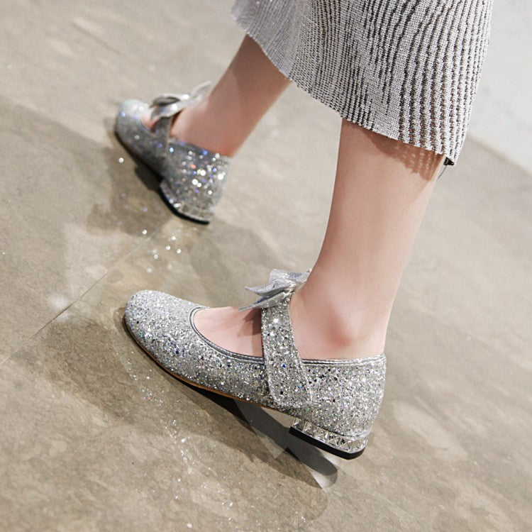 Women Sequined Bowtie Flats Mary Jane Shoes