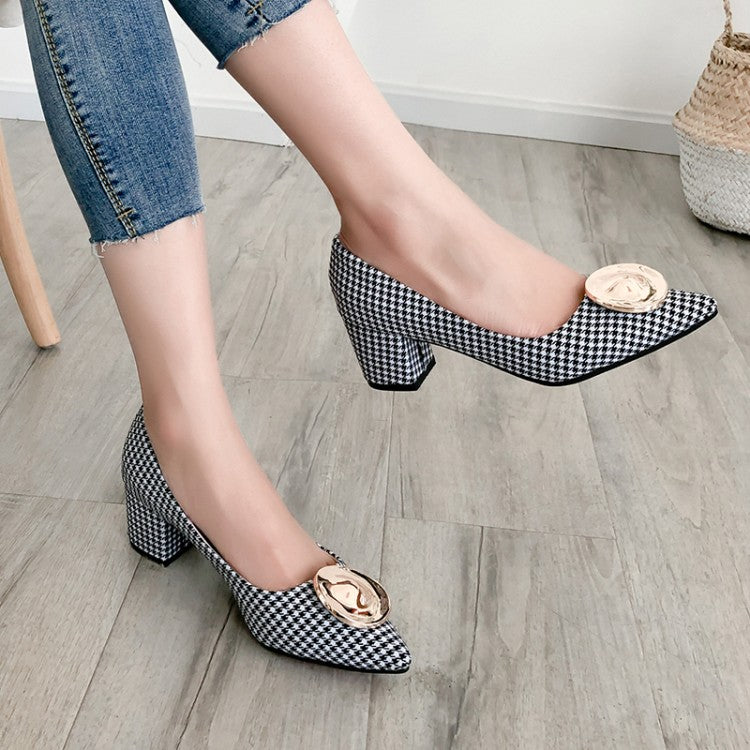 Women Pointed Toe Metal Deco Chunky Heel Pumps