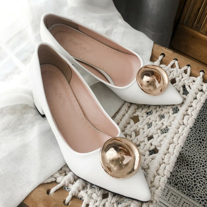 Women Pointed Toe Metal Deco Chunky Heel Pumps