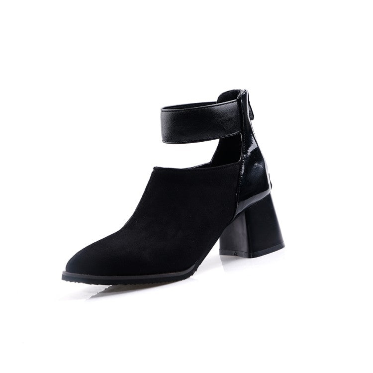 Women Flock Patchwork Pointed Toe Block Heel Short Boots