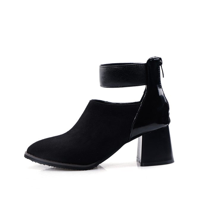 Women Flock Patchwork Pointed Toe Block Heel Short Boots