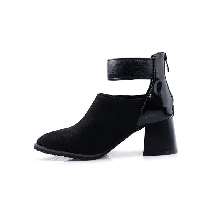 Women Flock Patchwork Pointed Toe Block Heel Short Boots