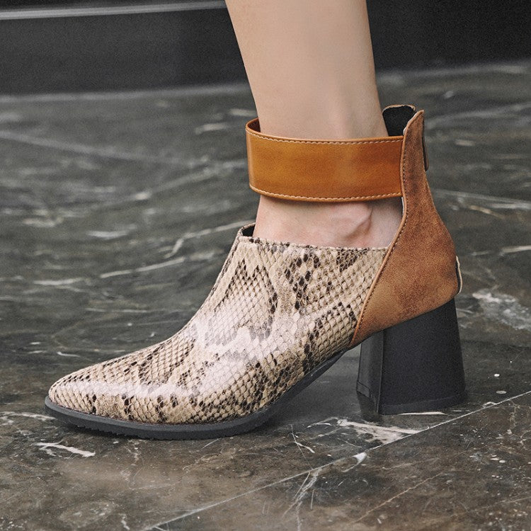 Women Flock Patchwork Pointed Toe Block Heel Short Boots