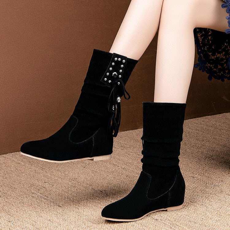 Women Rivets Tassel Mid Heel Mid Calf Boots