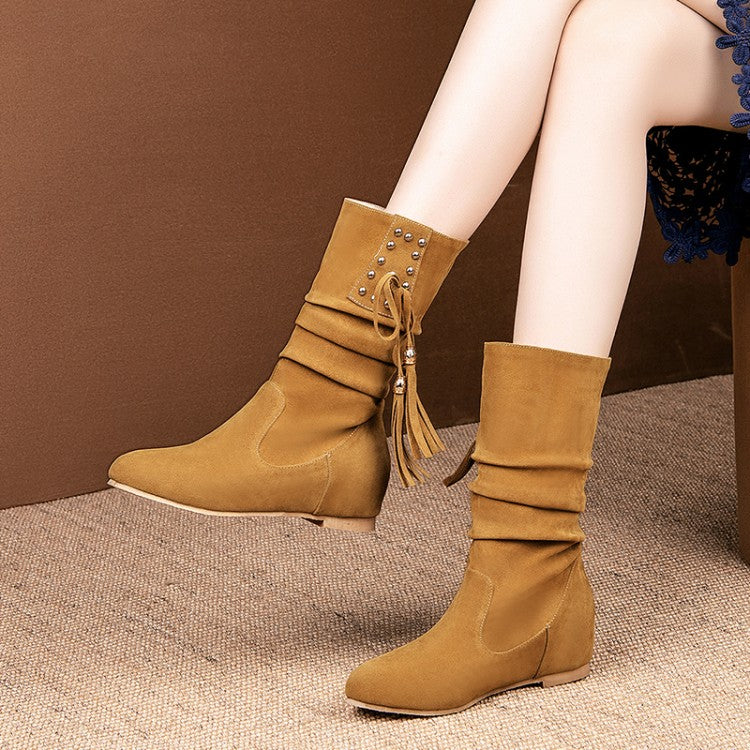 Women Rivets Tassel Mid Heel Mid Calf Boots