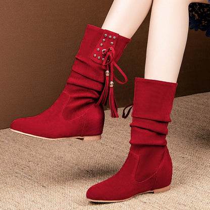 Women Rivets Tassel Mid Heel Mid Calf Boots