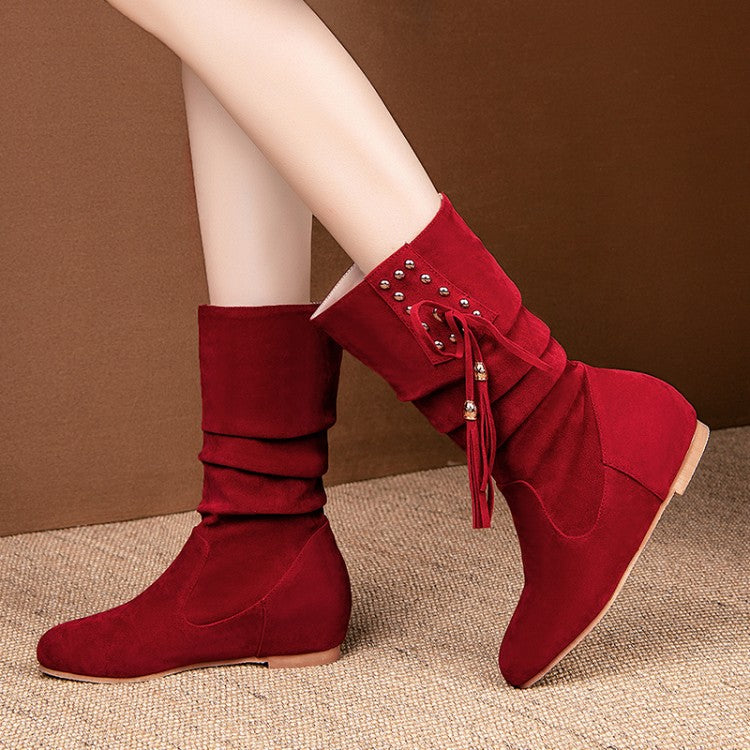 Women Rivets Tassel Mid Heel Mid Calf Boots