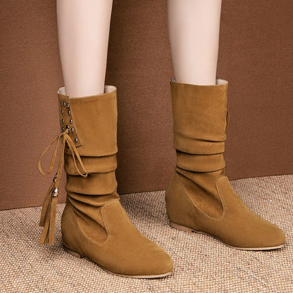 Women Rivets Tassel Mid Heel Mid Calf Boots