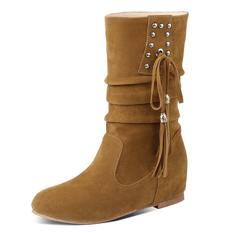 Women Rivets Tassel Mid Heel Mid Calf Boots