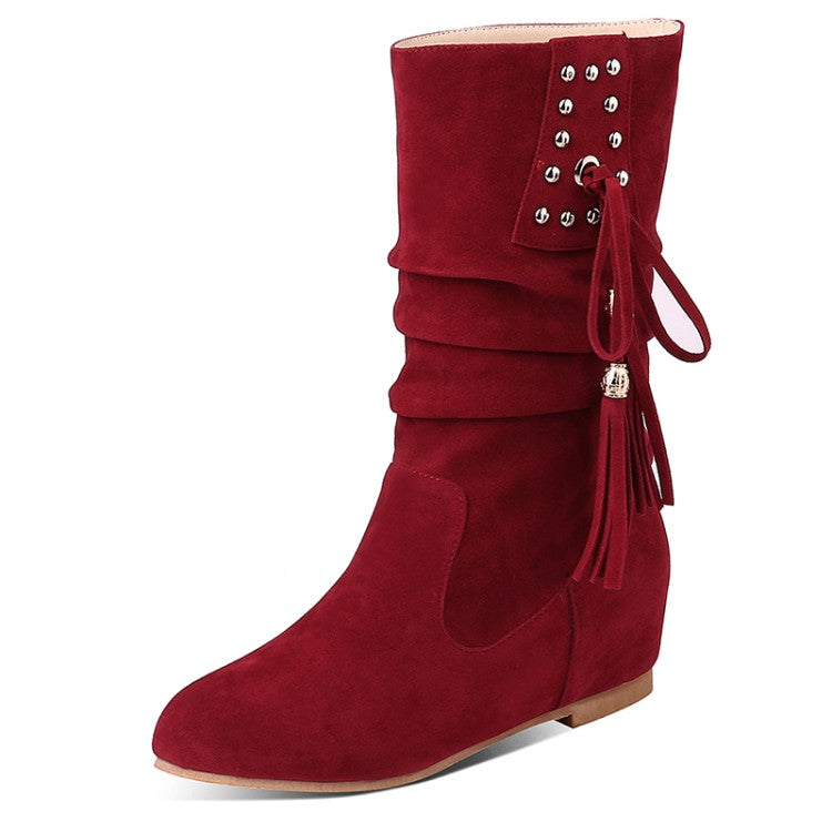 Women Rivets Tassel Mid Heel Mid Calf Boots