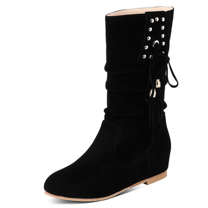 Women Rivets Tassel Mid Heel Mid Calf Boots