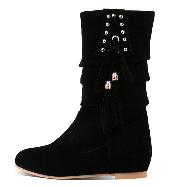 Women Rivets Tassel Mid Heel Mid Calf Boots