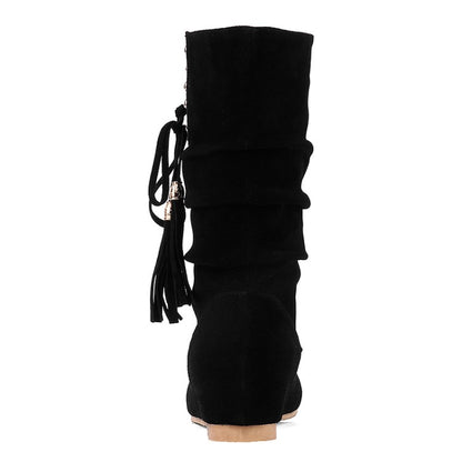 Women Rivets Tassel Mid Heel Mid Calf Boots