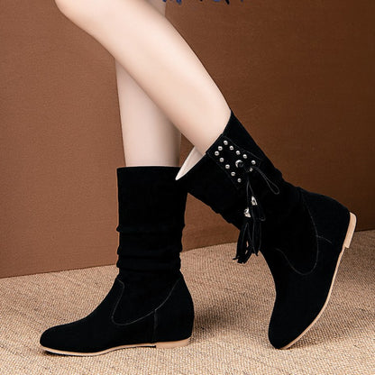 Women Rivets Tassel Mid Heel Mid Calf Boots