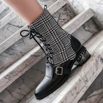 Women Bicolor Pu Leather Pointed Toe Lace Up Puppy Heel Short Boots