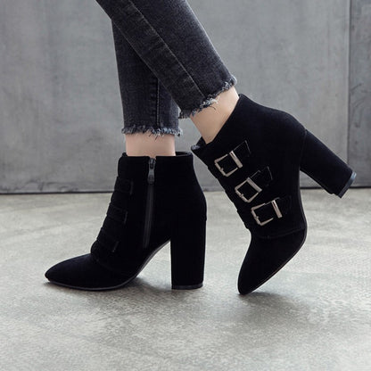 Women Suede Buckle High Heel Short Boots