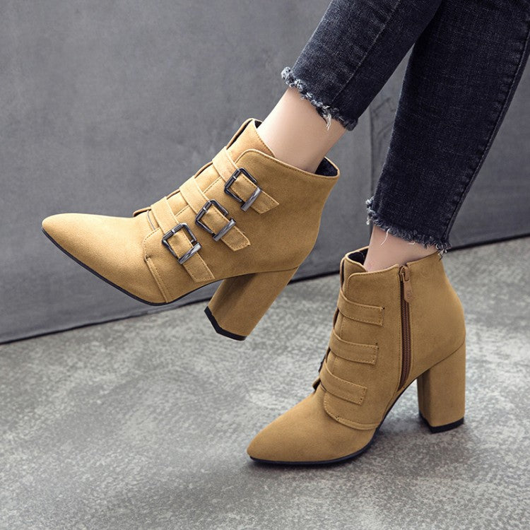 Women Suede Buckle High Heel Short Boots