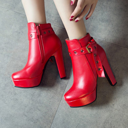 Women Buckle Belt Platform High Heel Short Boots