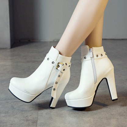 Women Buckle Belt Platform High Heel Short Boots