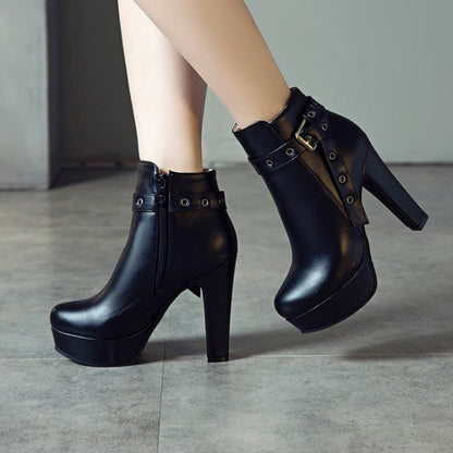 Women Buckle Belt Platform High Heel Short Boots