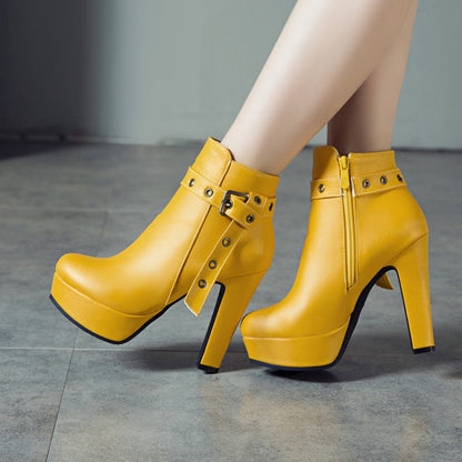 Women Buckle Belt Platform High Heel Short Boots