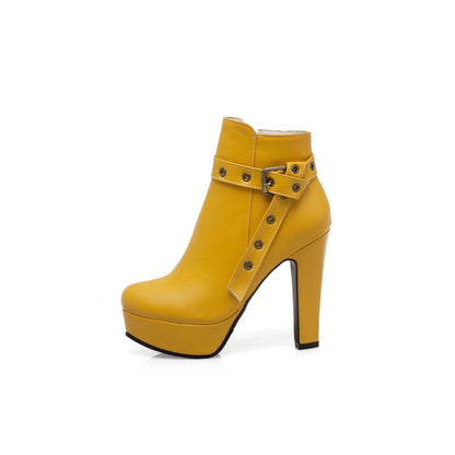 Women Buckle Belt Platform High Heel Short Boots