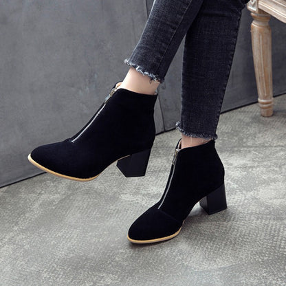 Women Zip Chunky High Heel Short Boots