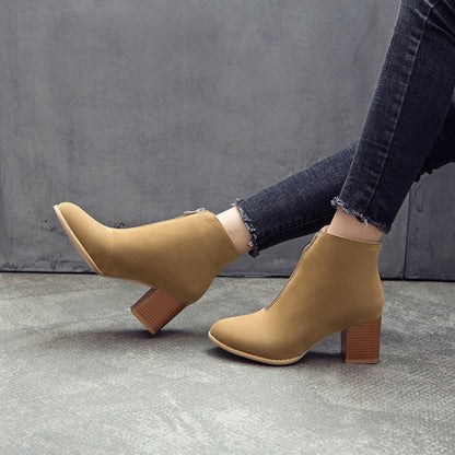 Women Zip Chunky High Heel Short Boots